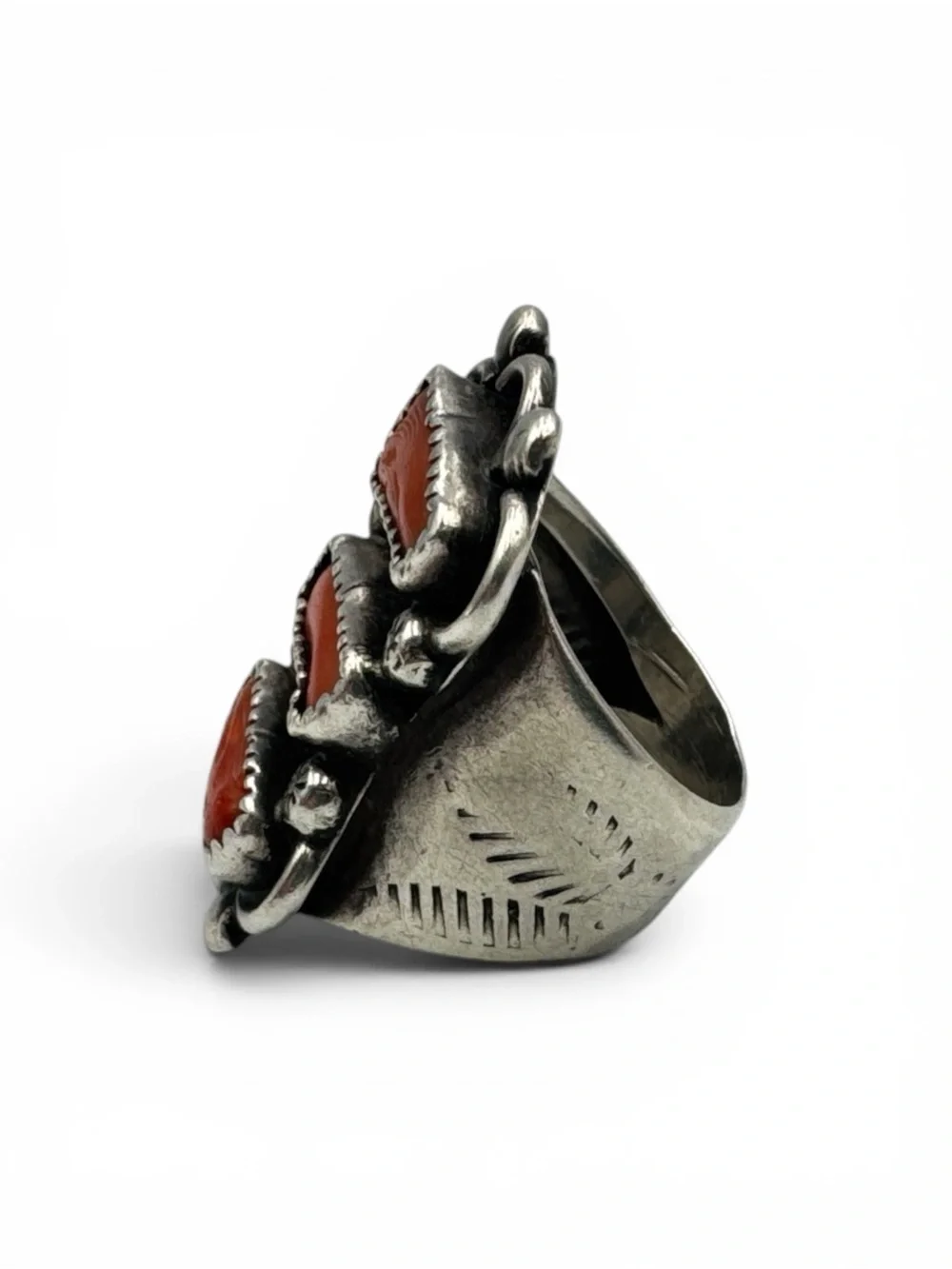 Vintage Navajo Sterling Silver Red Coral 3 Stone Ring Signed DS Size 8.5
